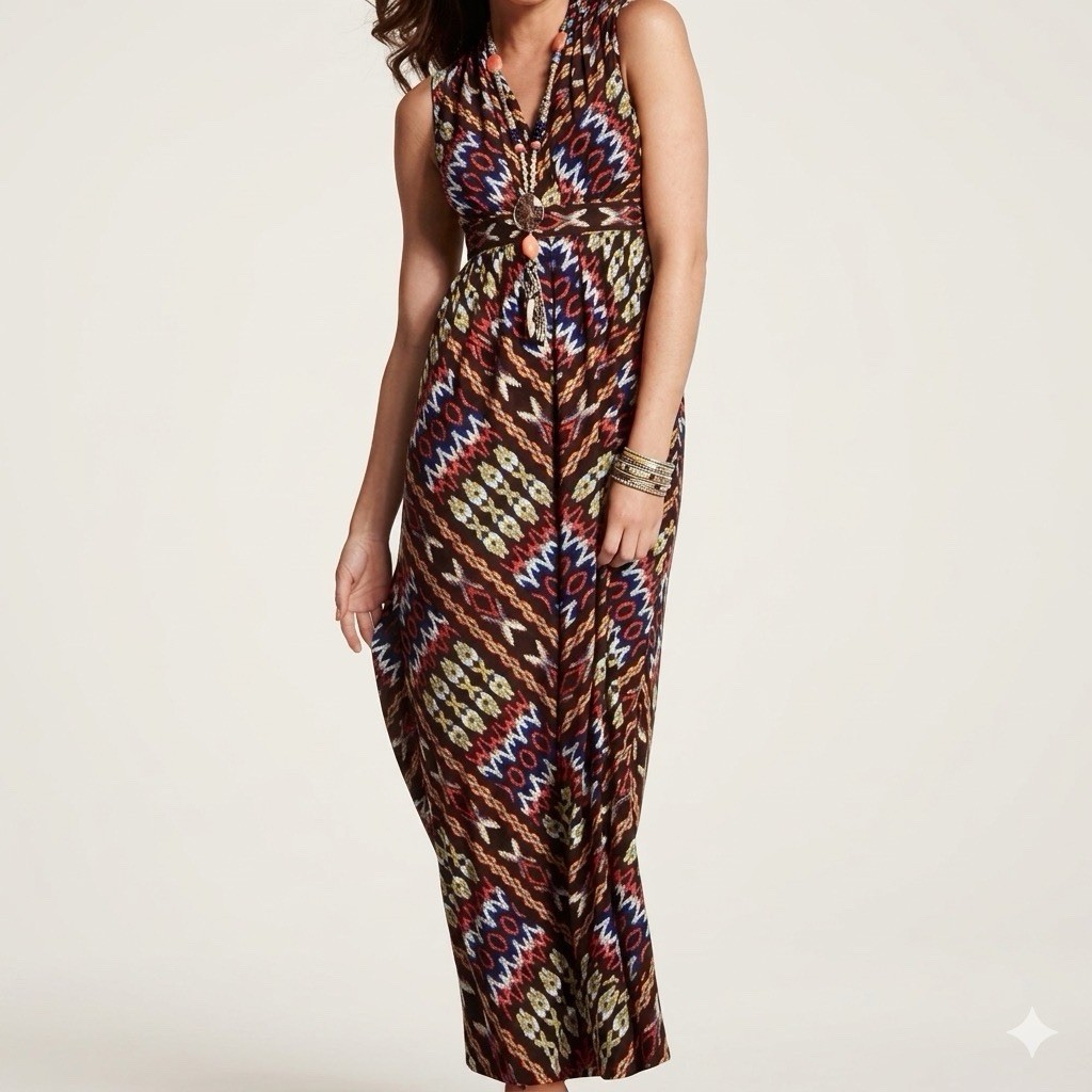 Chico’s Travelers Geometric Maxi Dress 1 M 8 10 Wrinkle Resistant Aztec Tribal