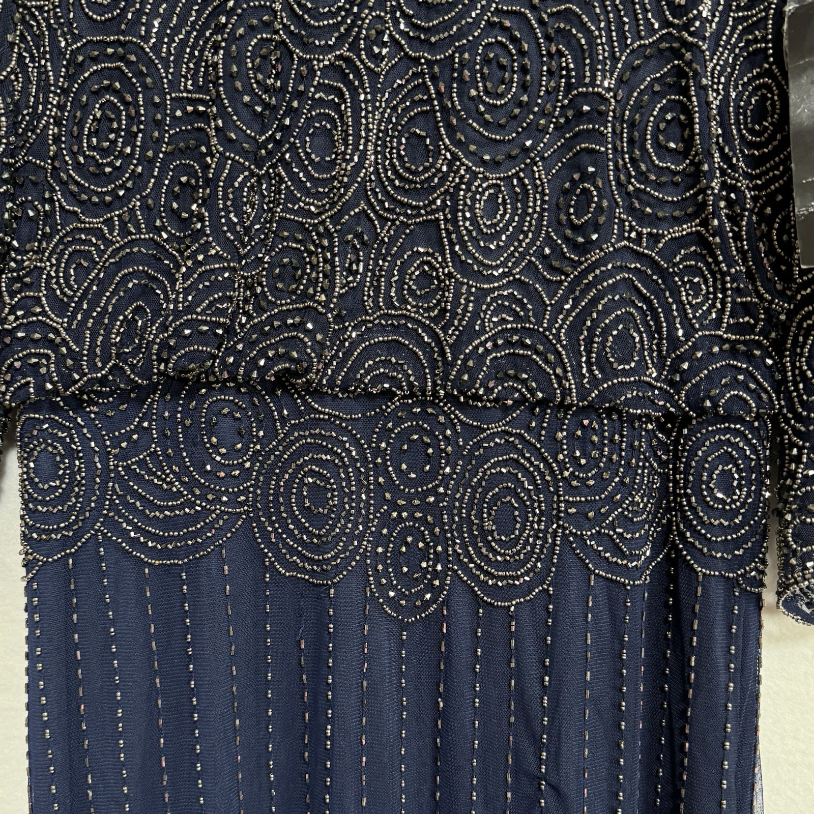 Pisarro Nights Size 16 Beads Blouson Gown Cold Shoulder 3/4 Split Sleeve NavyNWT