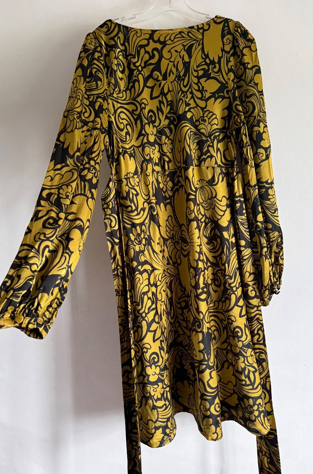 GHOST LONDON YELLOW & BLACK FLORAL PRINT LONG SLEEVES MIDI DRESS SIZE: LARGE