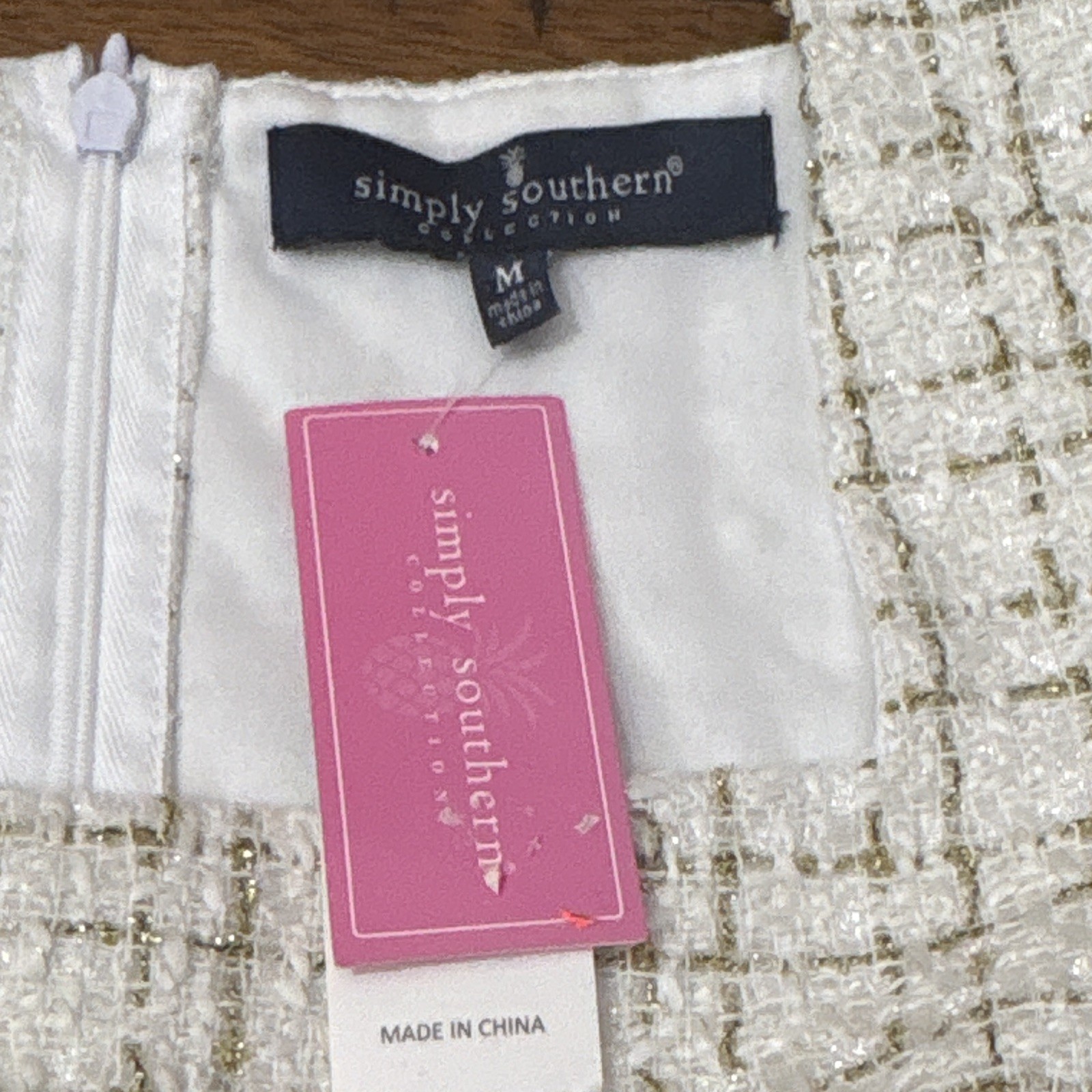 Simply Southern White/Gold Tweed Plaid Square Neck Puff Sleeve Mini Dress M