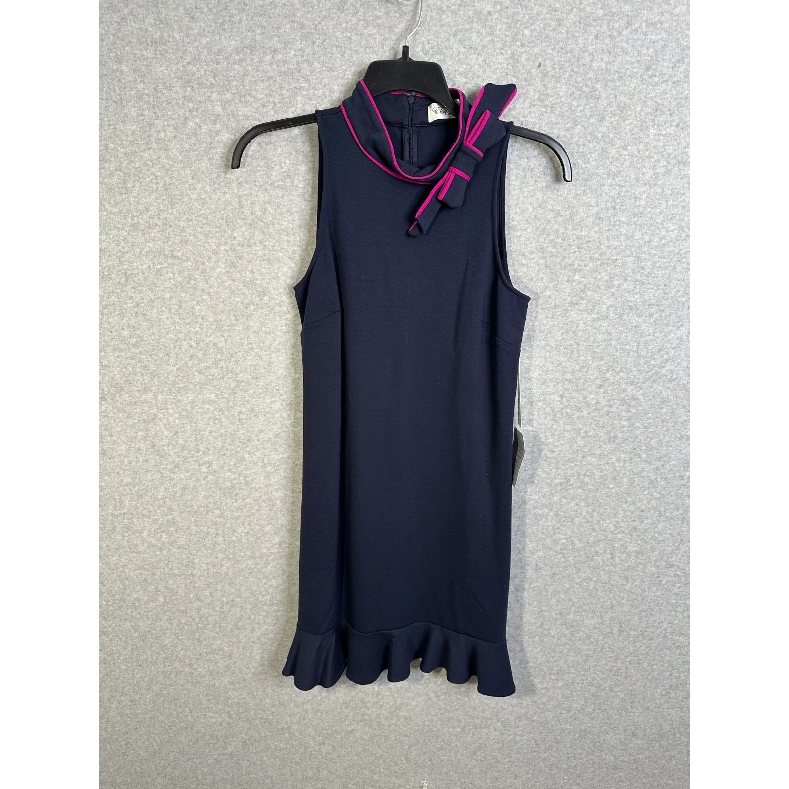 Eliza J Womens Size 8 Navy Blue Pipe Trim Bow Mock Neck Mini Shift Dress