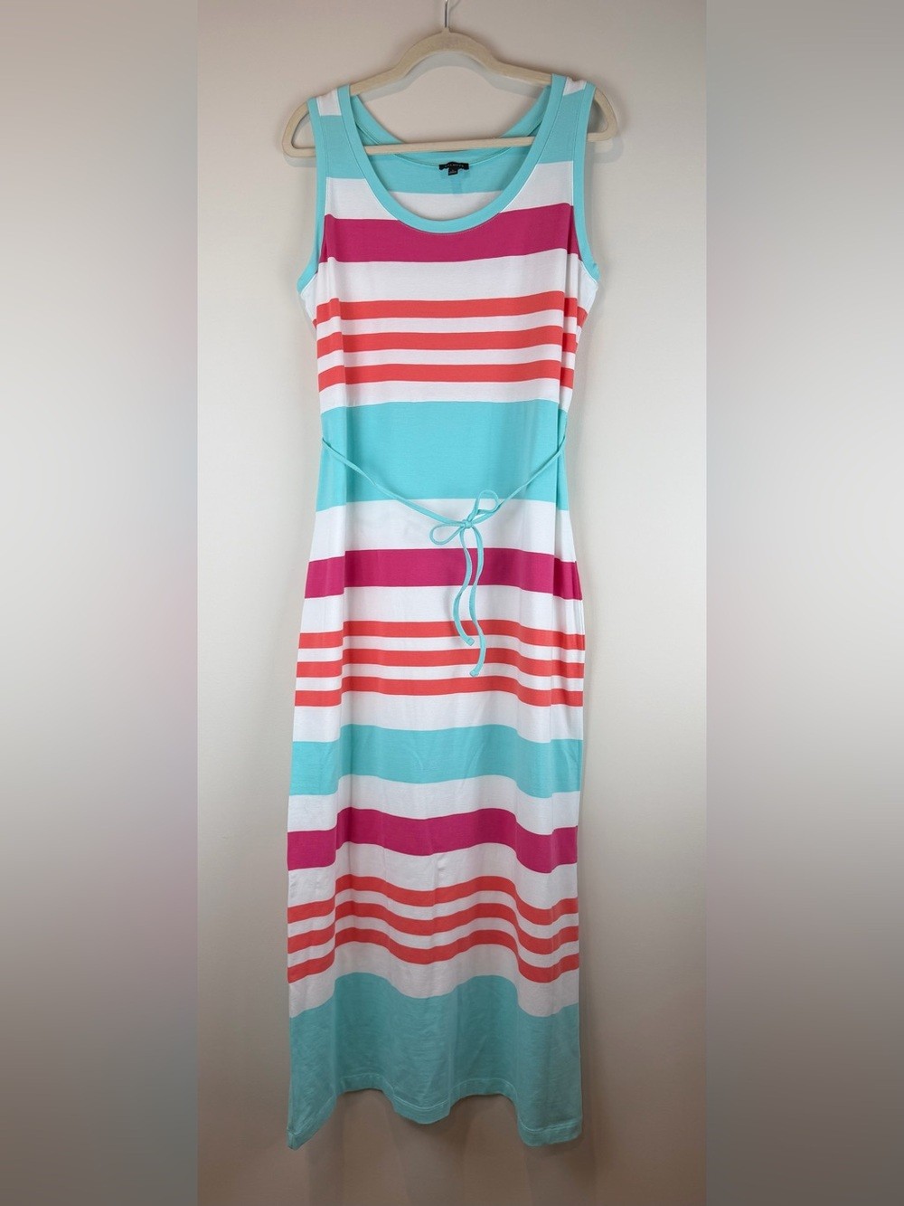 Talbots Striped Sleeveless Maxi Dress in Turquoise, Coral & White Size Large