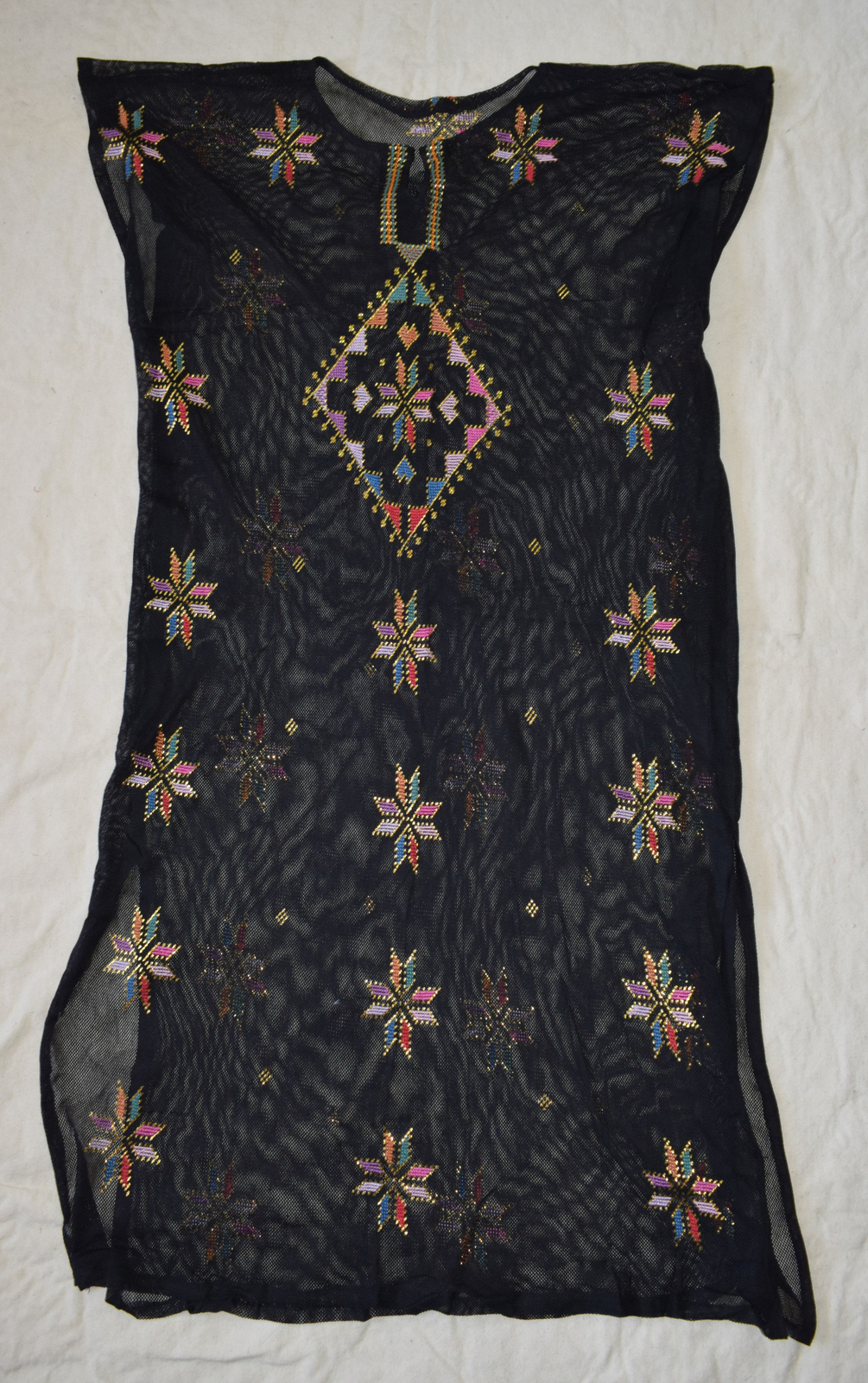 Egyptian Assuit Kaftan Dress Gold Metal & Cotton Embroidery Net Tulle Abaya