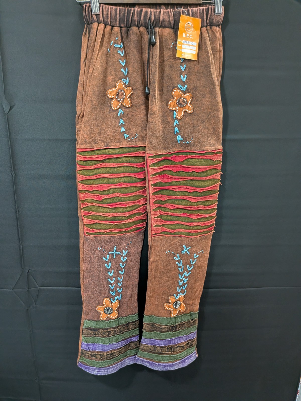 KPC Made In Nepal 100% Cotton Multicolor Razor Cut Hand Embroidered Pants Medium