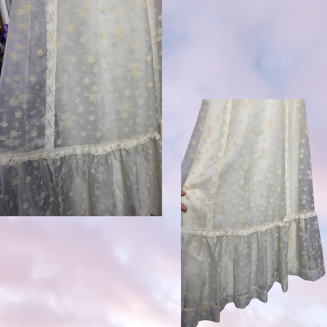60s 70s Vtg Long Maxi Prairie Cottage Cream Floral Ruching Frill Dress Sz 9 / 10