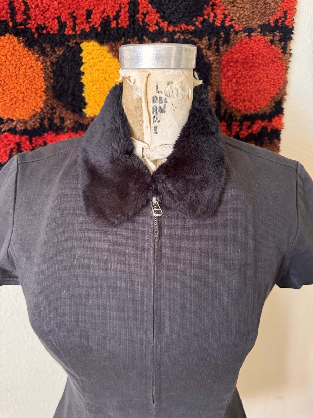 Vintage 90s Y2K Black Zip Front Bodycon Mini Dress vtg Flower Patch Mossimo