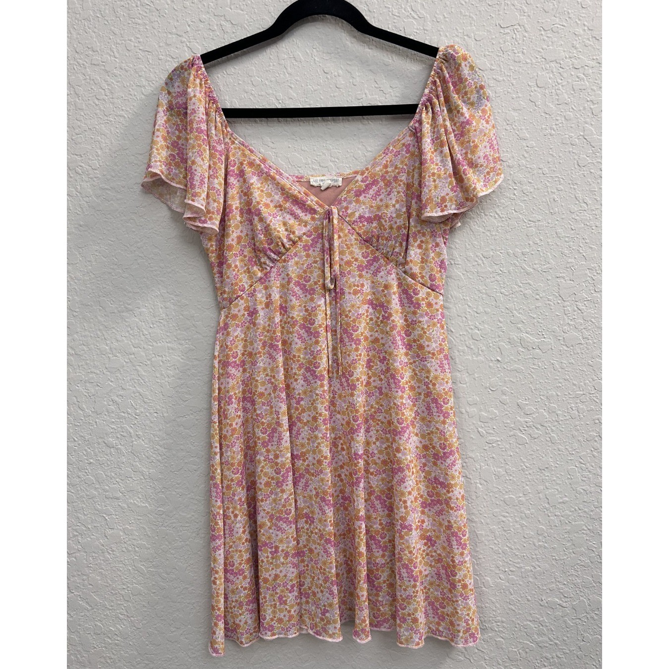 Preloved Woman’s Floral Pink and Yellow Mesh Short Summer Sun Dress (Medium))