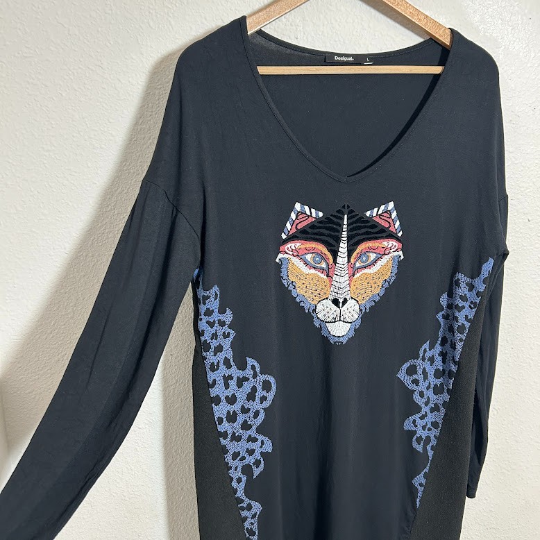 Desigual “Gabriella” Black Tunic Dress L Tiger We Are Animals Long Sleeve