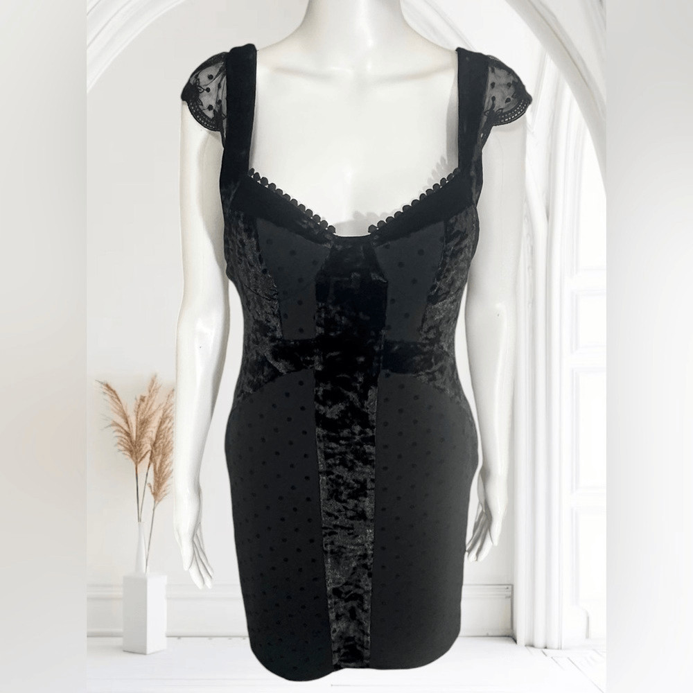 Free People Crushed Velvet Detail Polka Dot Cap Sleeve Black Goth, Witchy