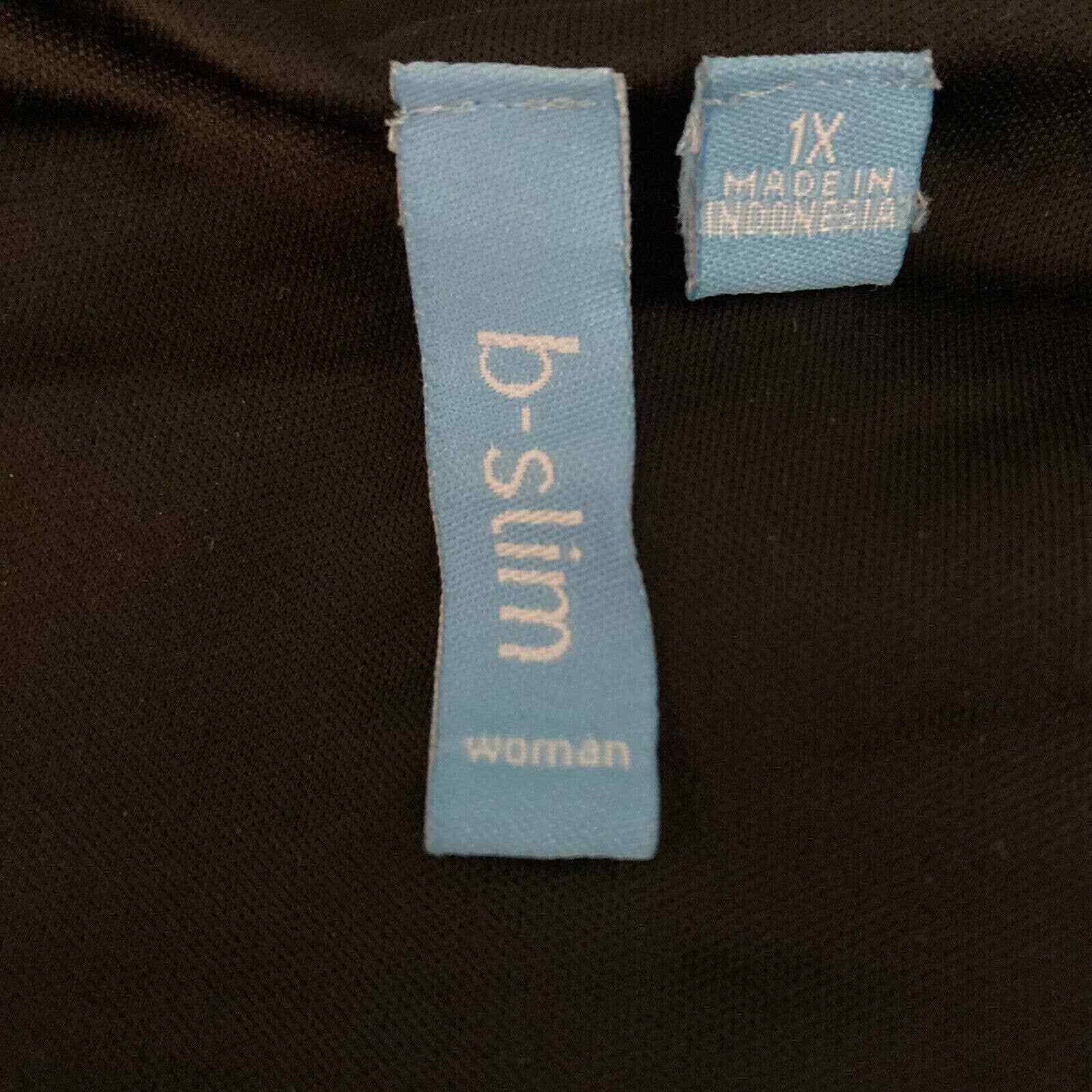B-Slim Dress Womens Sz 1X Plus Black Jersey Knit 3/4 Sleeve Faux Wrap A Line