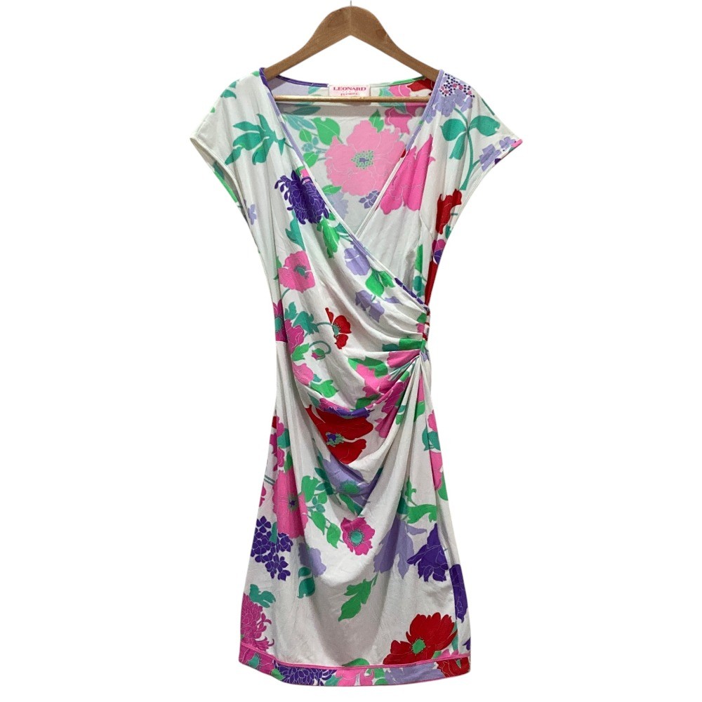 LEONARD PARIS FUCHSIA Flower Print Wrap Dress, Size 38, White Women USED