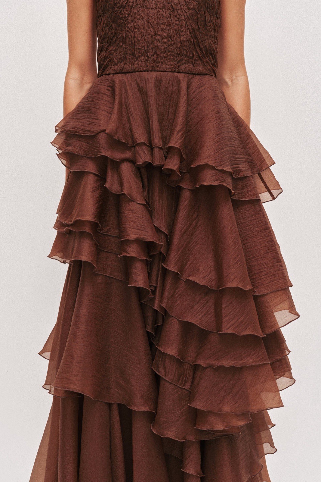 Chocolate Brown Halter Tiered Ruffled Chiffon Maxi Gowns Formal Evening Dresses