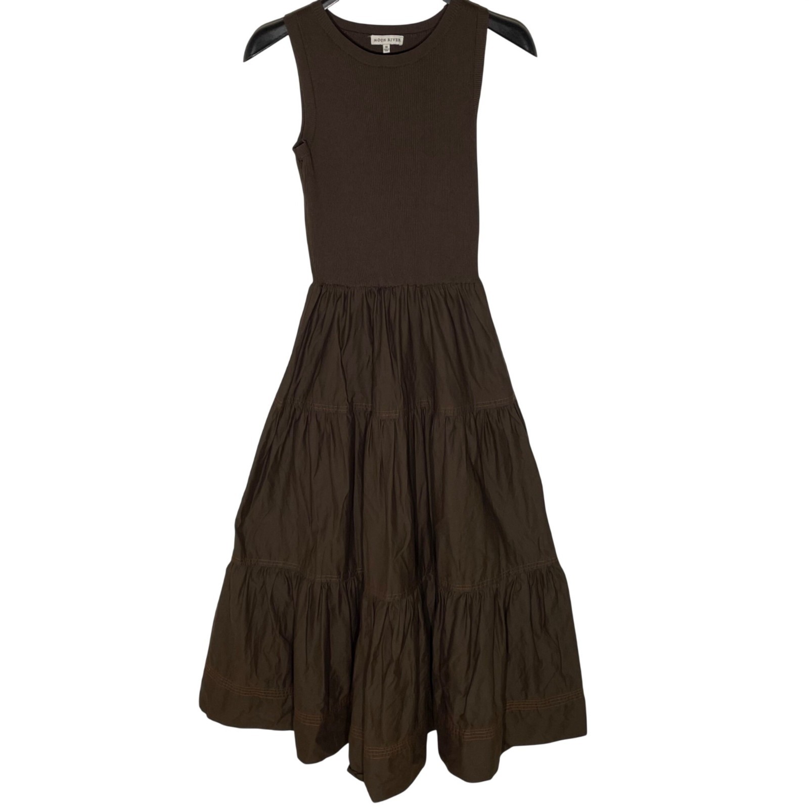 Moon River Ribbed Bodice Contrast Stitch Cotton Maxi Dress Sz MED Minimalist