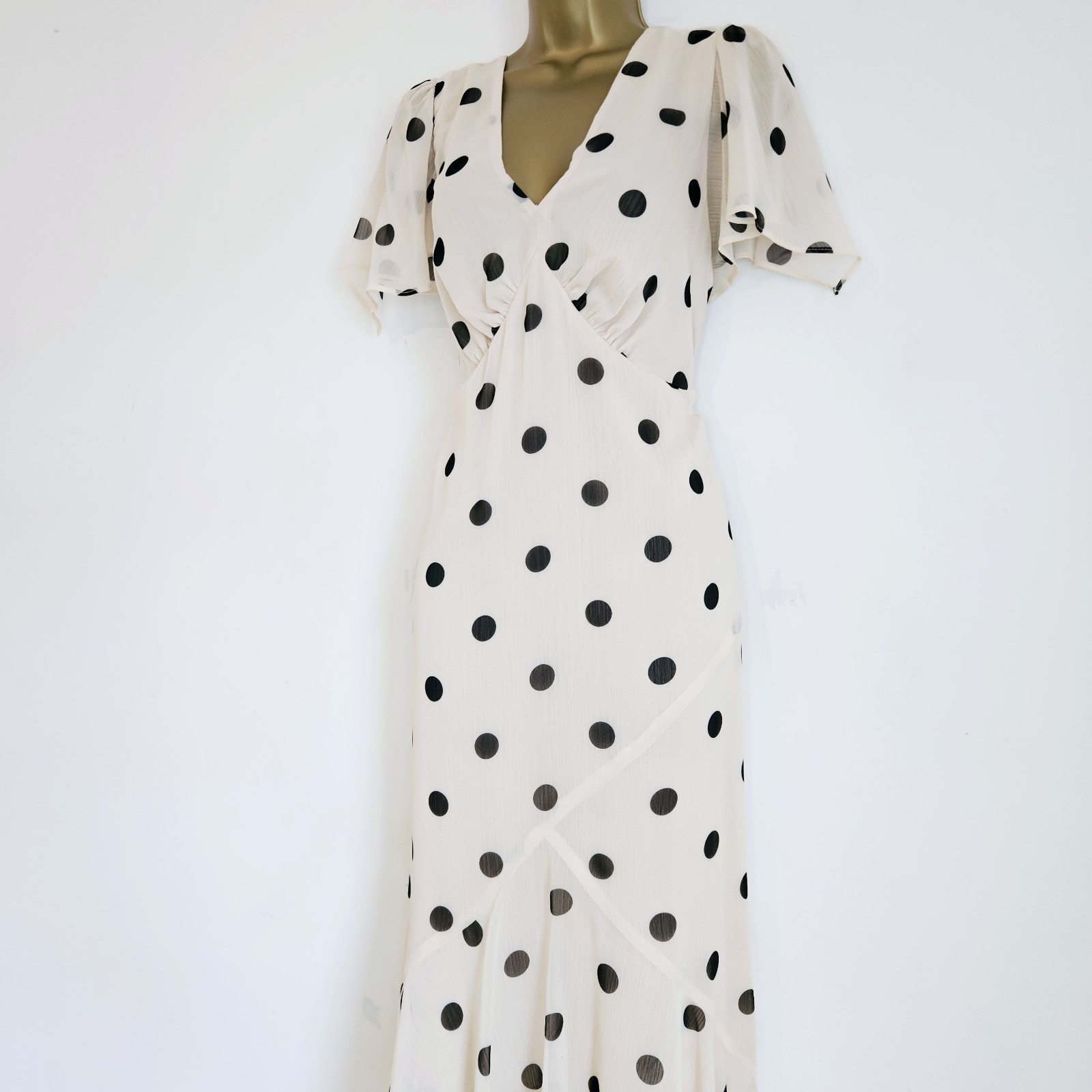 NEW ROMAN 12-24 Polka Dot Spotted Chiffon Beige Black Asymmetric Midi Tea Dress