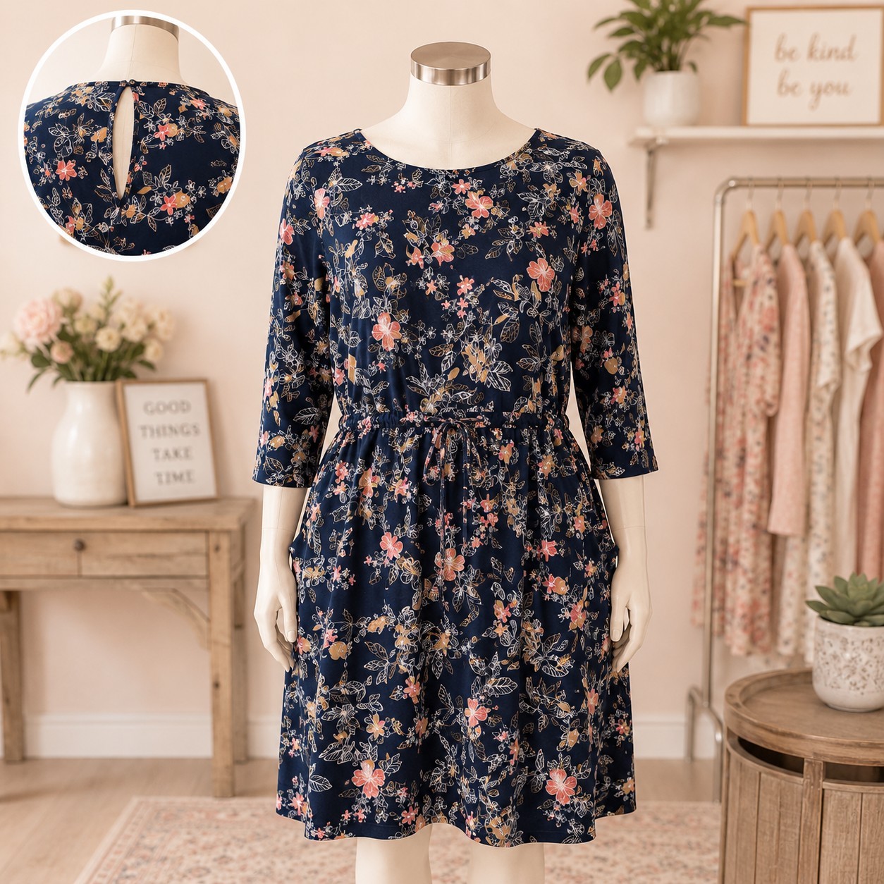 Woman Within Drawstring Waist Blue Pink Floral Knee Length Dress & Pockets 22W