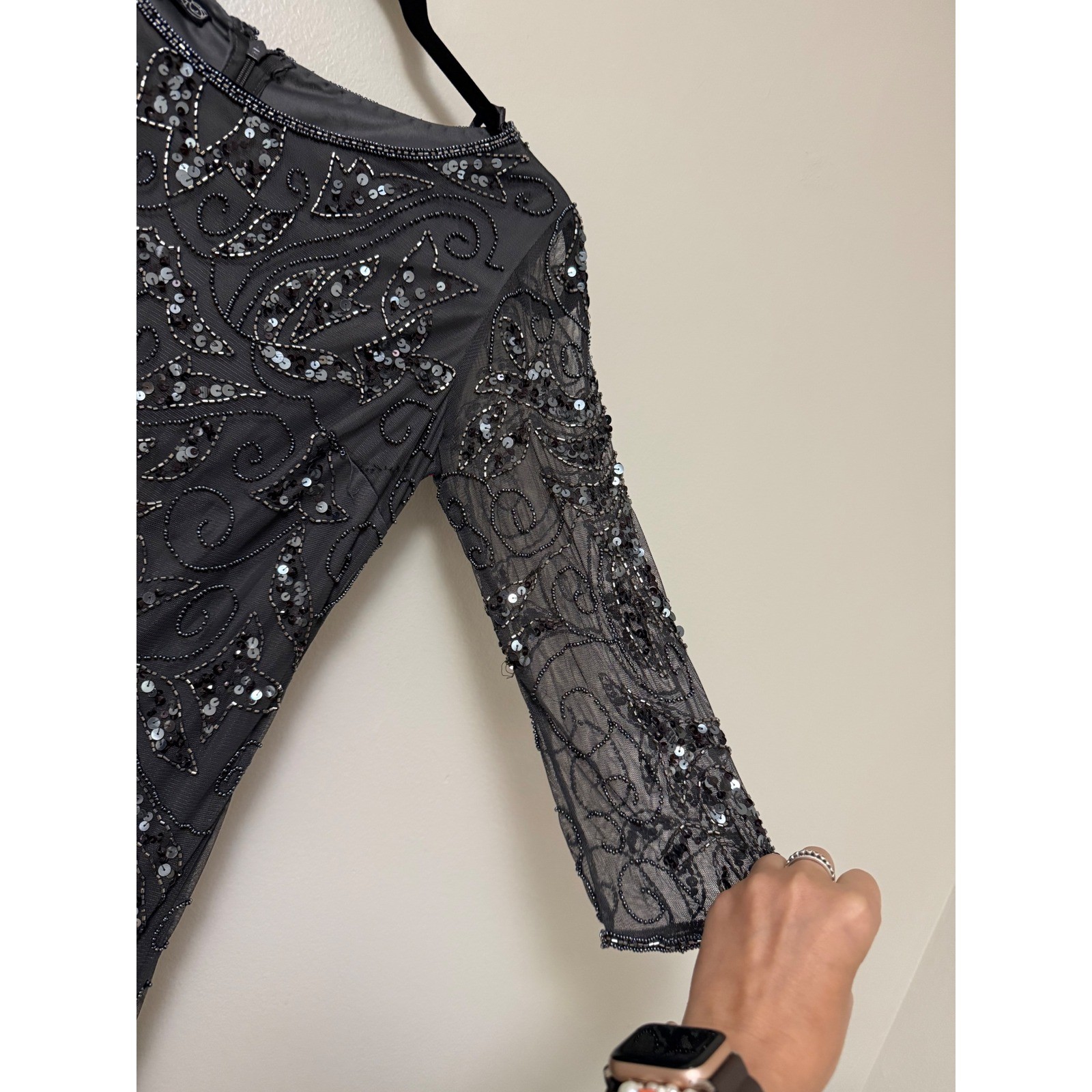 Pisarro Nights Gray Beaded Sequin Gown 3/4 Sleeve Formal Maxi Dress