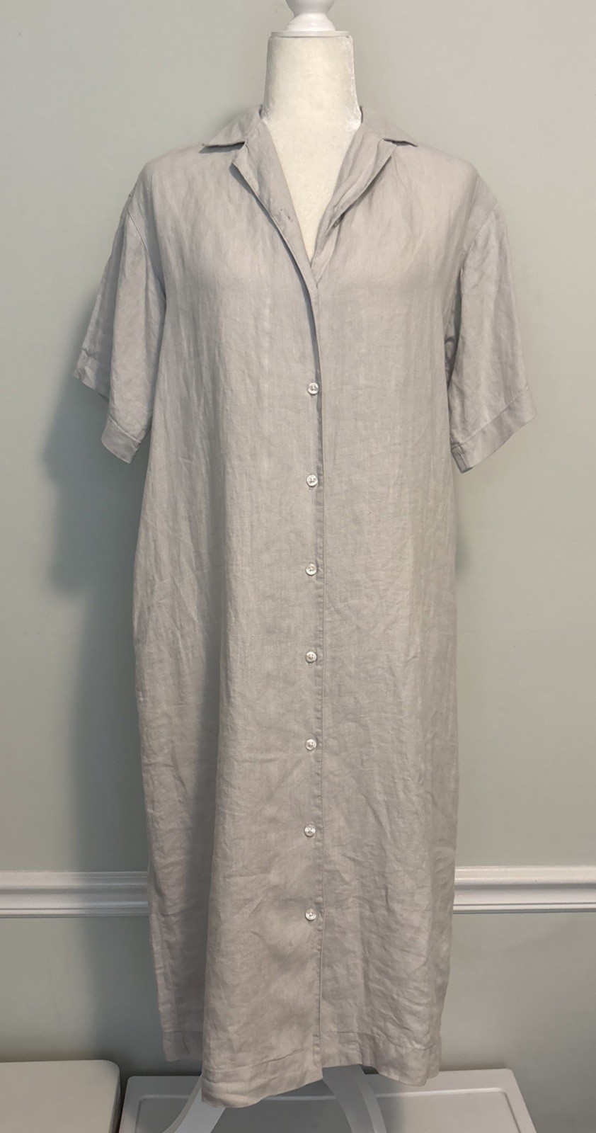 MUJI 100% Linen Shirt Dress XS/S Oversized Pockets Midi Short Sleeve Lagenlook