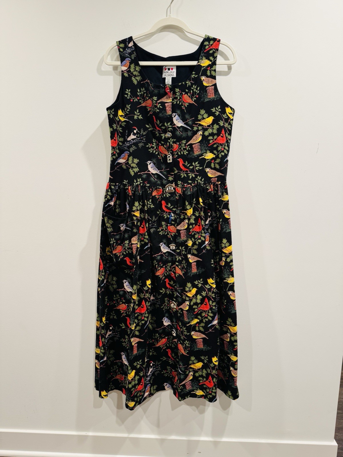Worldly Designs Bird Print Cotton Midi Dress Small Made USA Hand Painted Buttons