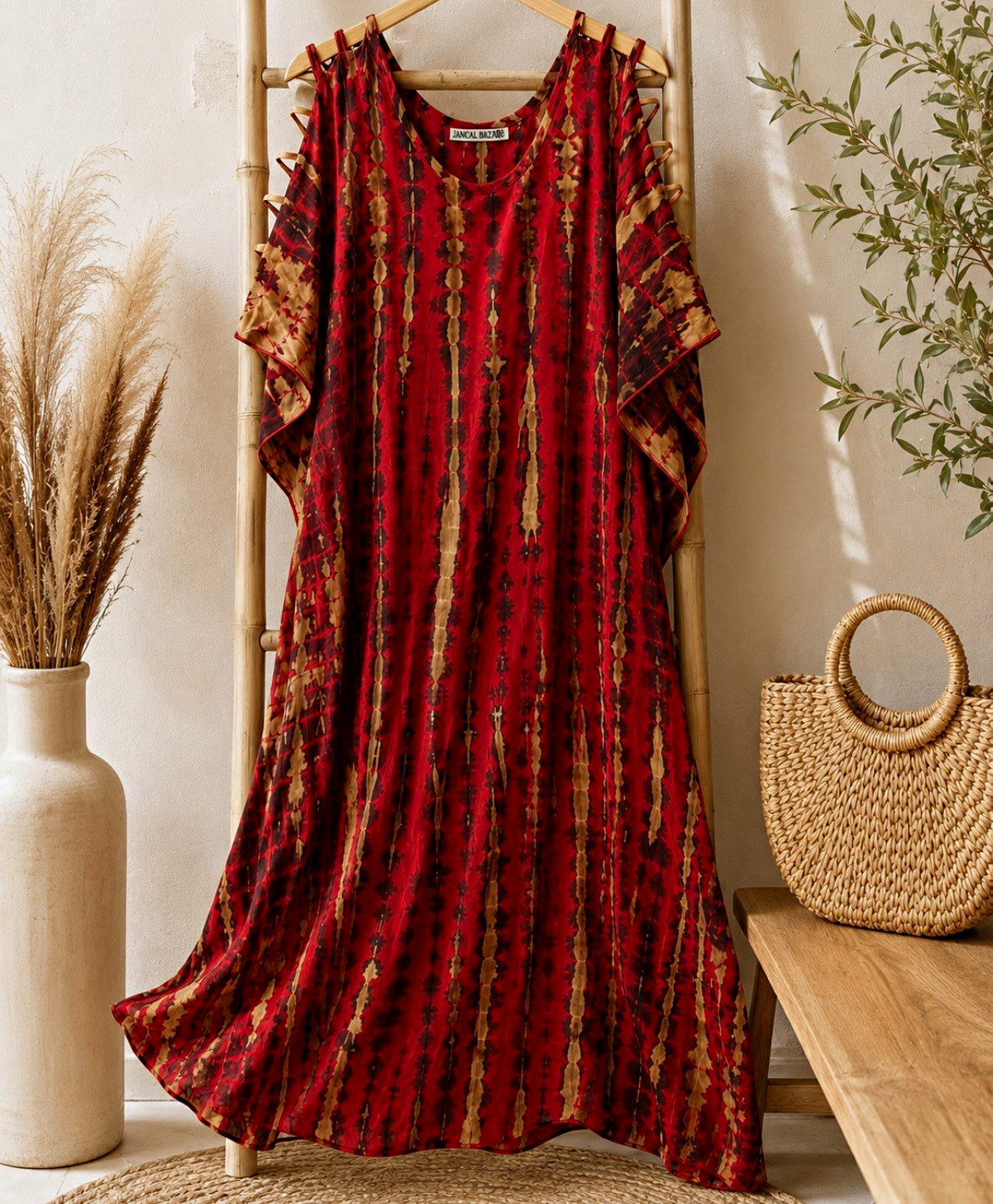 Ancal Bazar Red Tie Dye Kaftan Maxi Dress Round Neck Sleeveless One Size