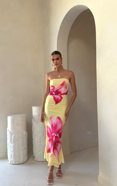 NEW Small Elegant Sleveless Ruched Soft YELLOW Maxi Dress w Pink & White Flowers
