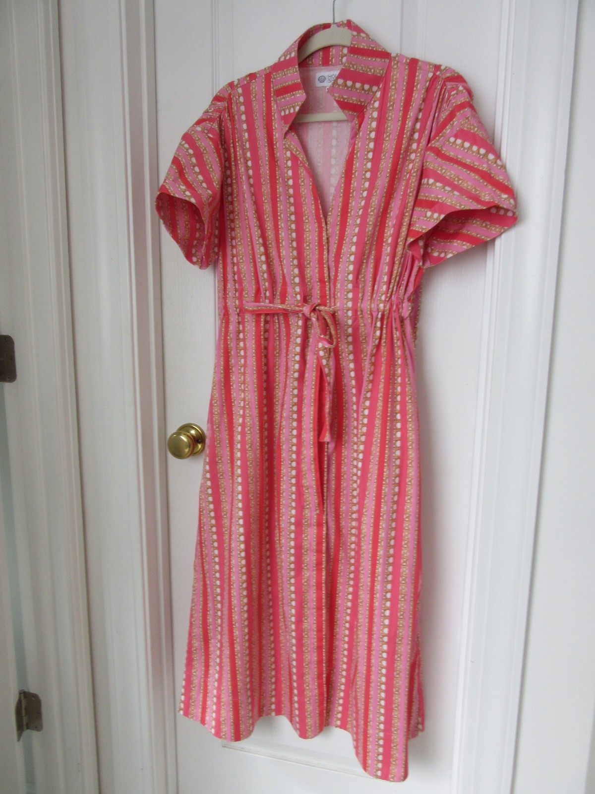 Holly Shae Bria Dress Shirt Dress Sz M/L Pink Melon Stripes EEUC