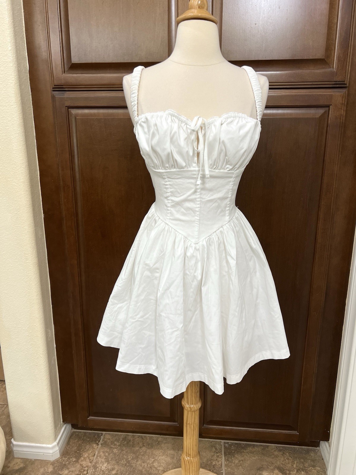 White Corset Fit Flare Mini Dress Milkmaid Coquette Romantic Lace Up Back Sz L