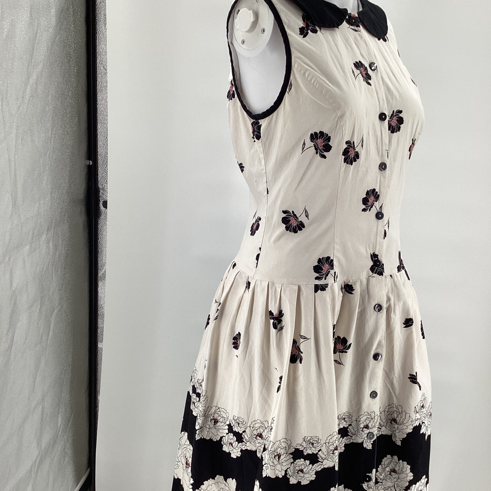 Womens Floral Peter Pan Collar Button Front Midi Dress Cream Black Retro FLAW