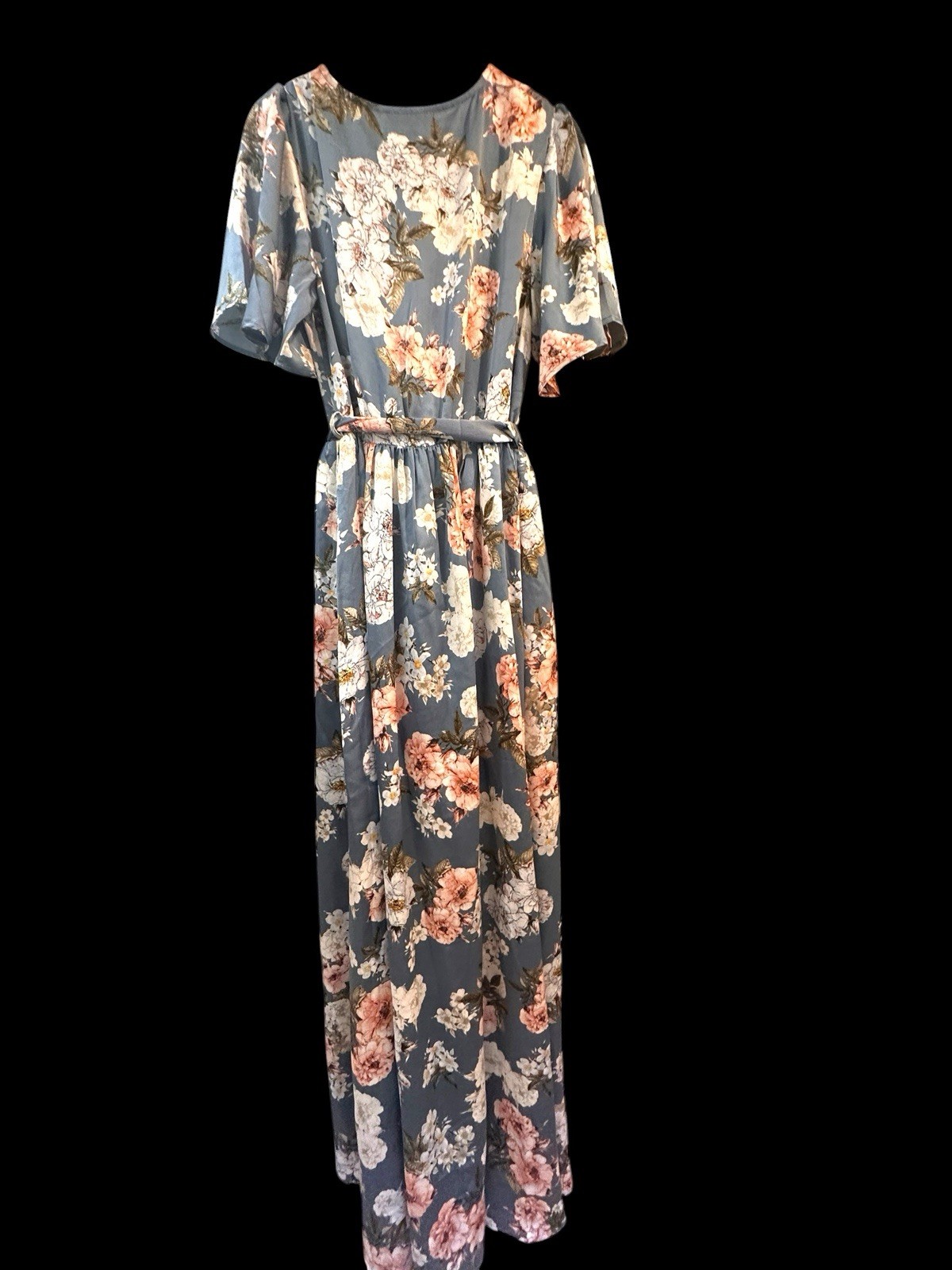 Baltic Born Sicily Blue Floral Satin Maxi Dress Sz L Wrap Style High Slit NWT