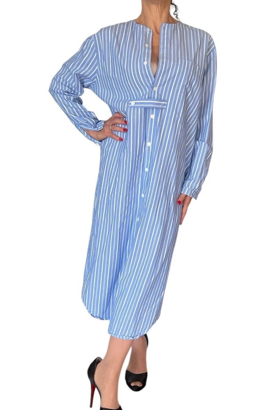 SOLIKA BLUE STRIPE SHIRT DRESS LONG SLEEVE POPLIN MODEST MIDI OVERSIZED S OR M