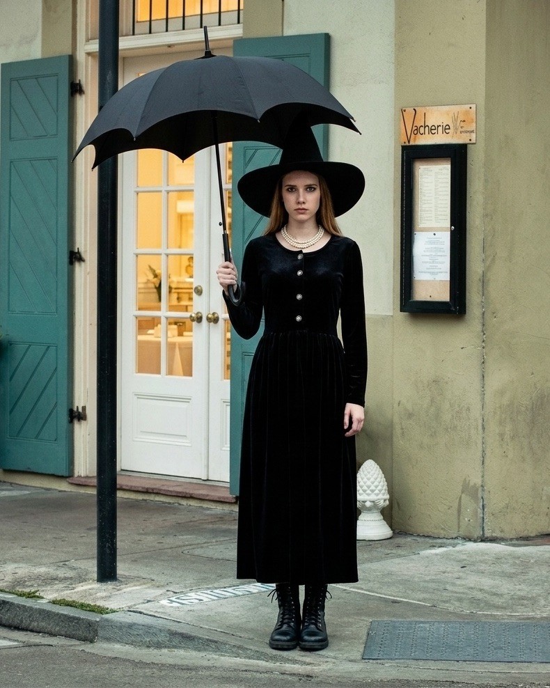 Vtg 90s Black Velvet Maxi Dress AMERICAN HORRON STORY COVEN Witch Pagan Size S/M