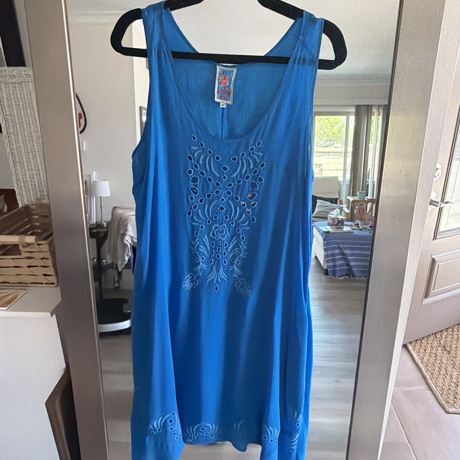 Johnny Was Sz M Slip Dress Blue Cut-Out +embroidered