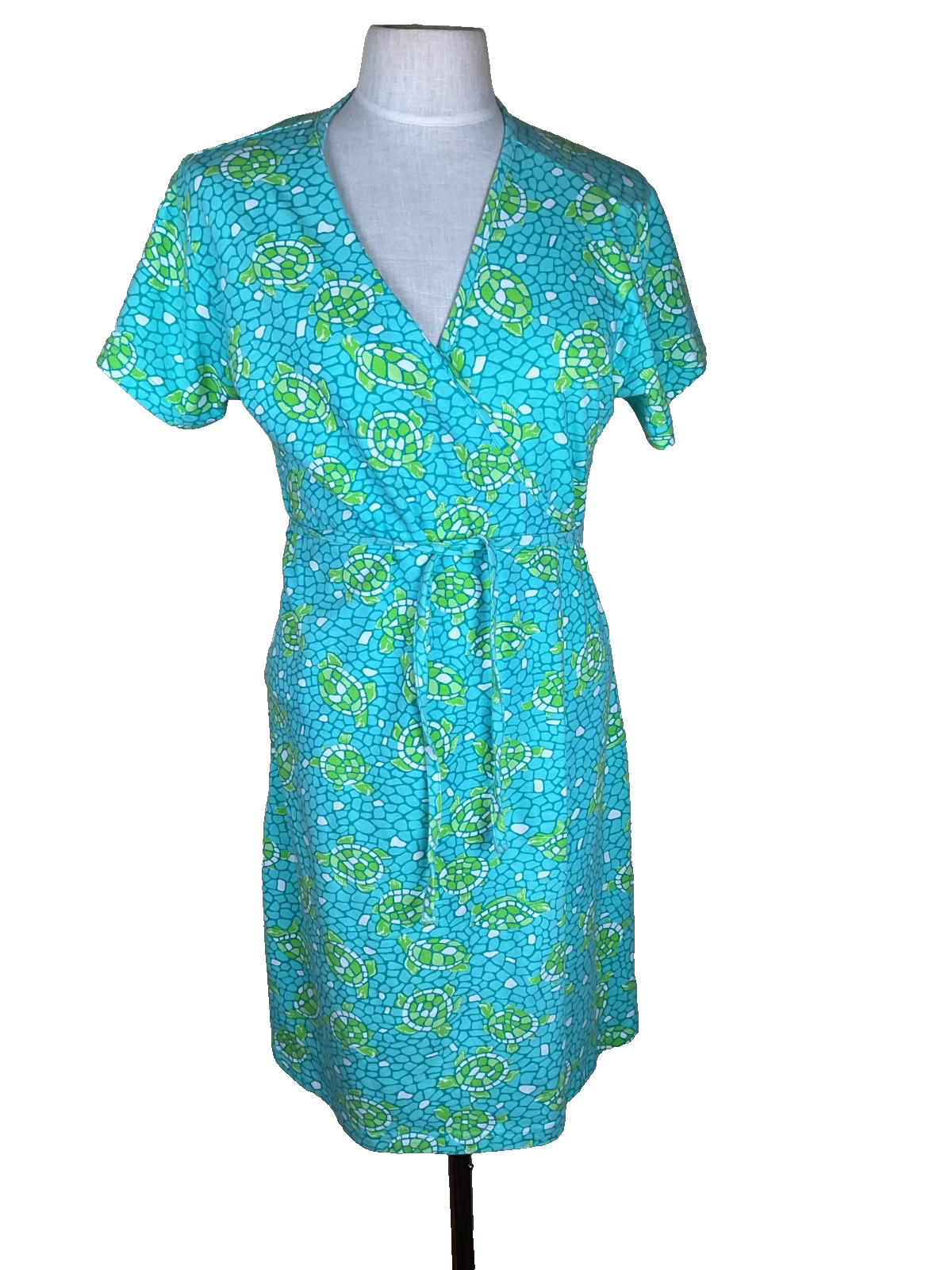 Lilly Pulitzer Turtle Print Wrap Dress Size LBlue Green Cotton Stretch Beach