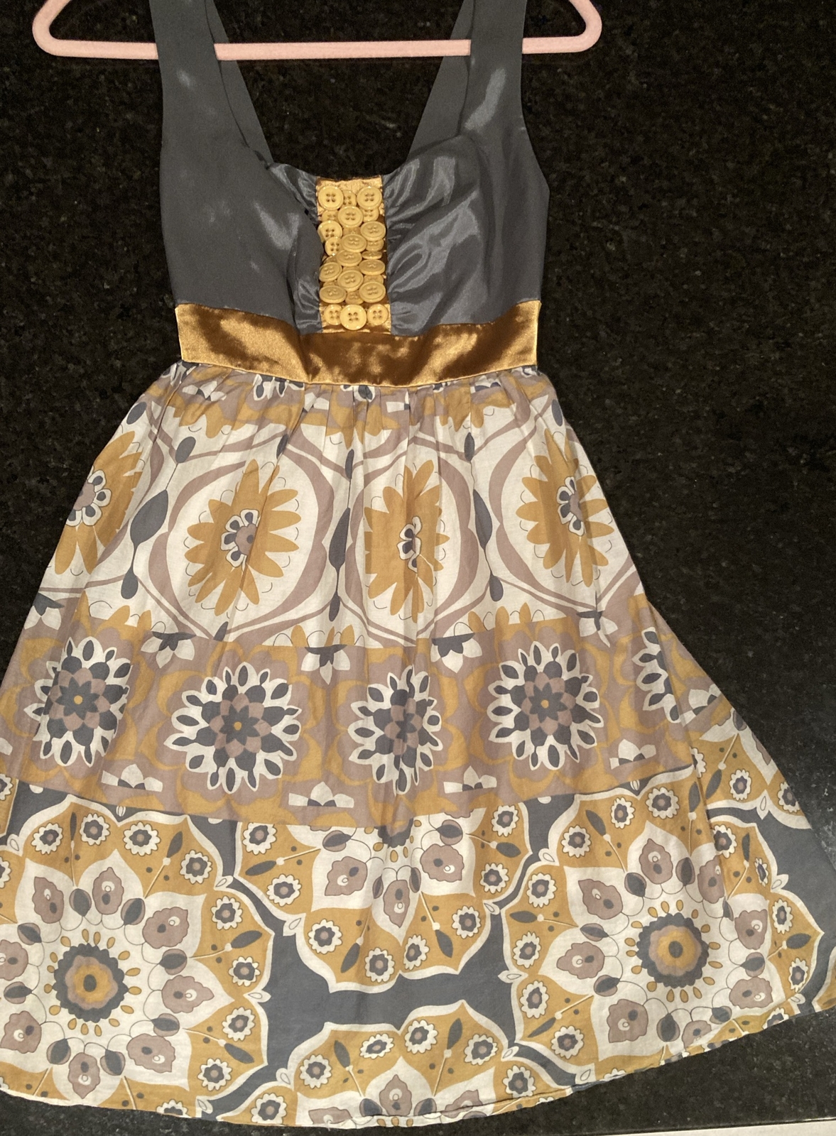 Anthropologie Dress Sz 4 Bow Arrow Grey Gold Boho Floral Cotton Silk A272