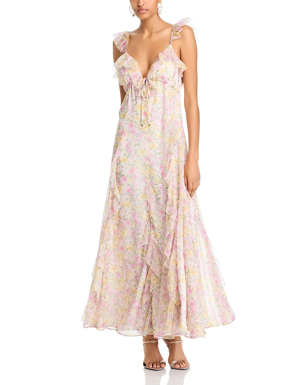 Aqua L7916 Womens Pink/Yellow Ruffled Floral Flutter Straps Gown Size S