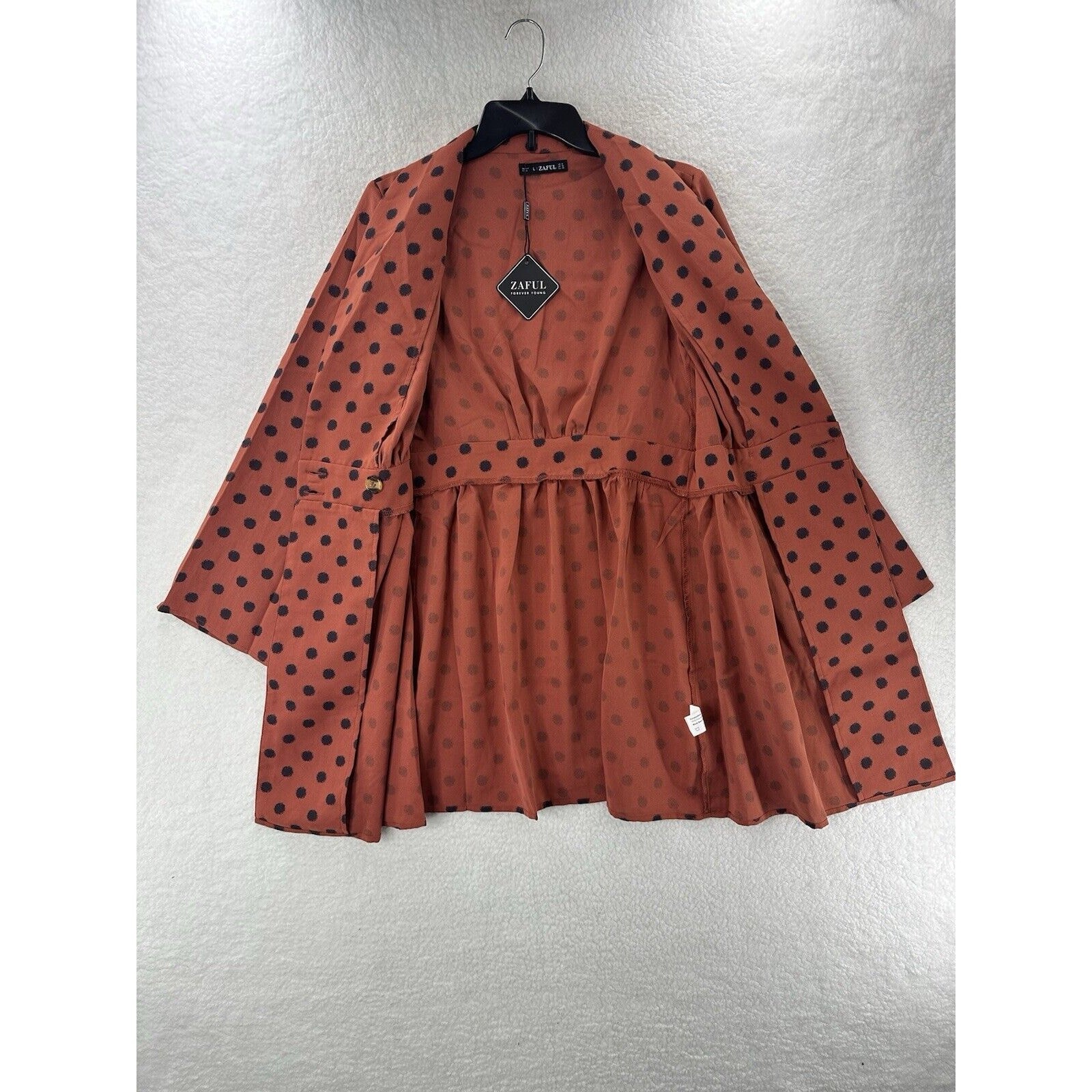 Zaful Jacket Dress Chiffon Rust and Black Polka Dot Long Sleeve Dress Size 8 NWT