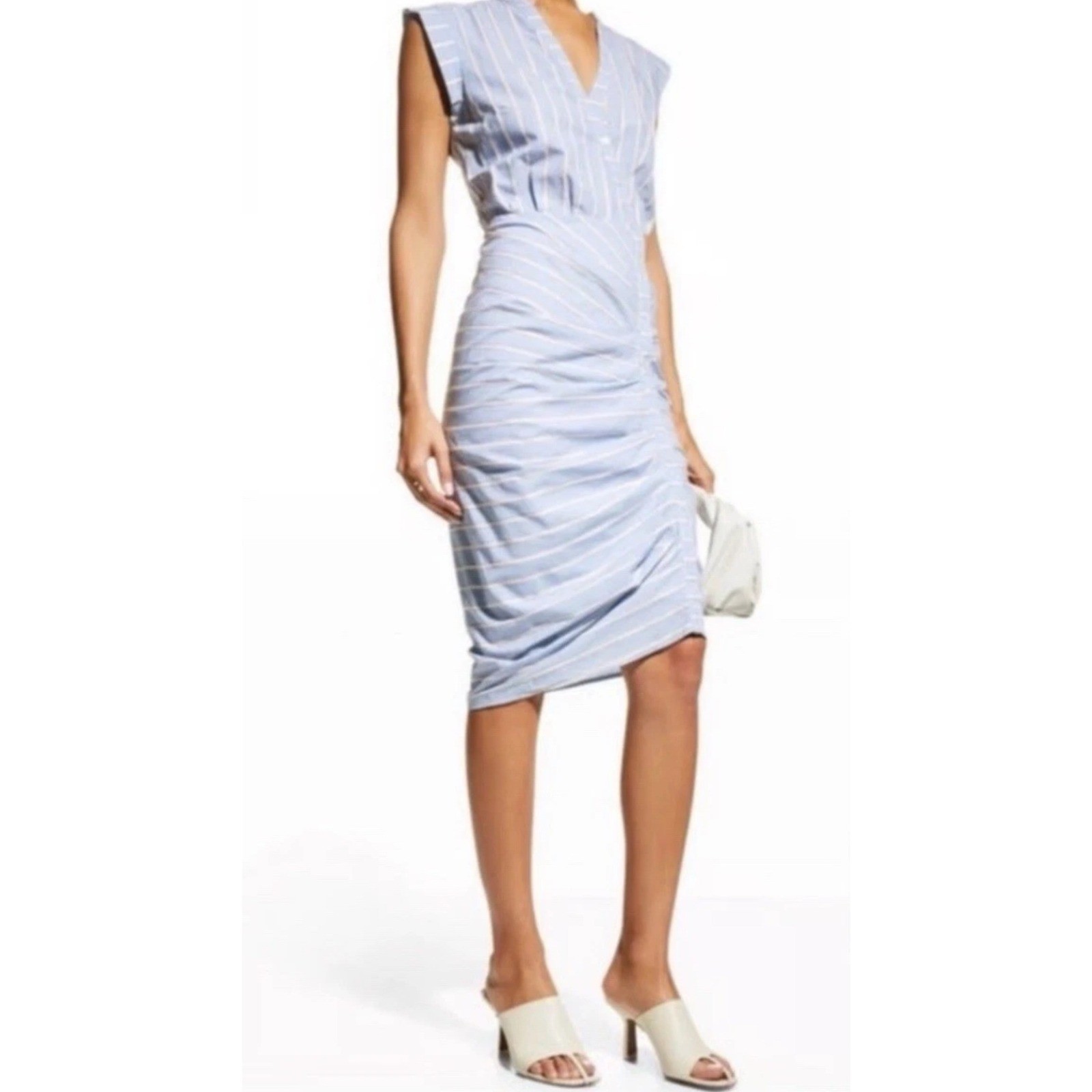 Veronica Beard Blue White Striped Ruched Button Front Sleeveless Midi Dress 6