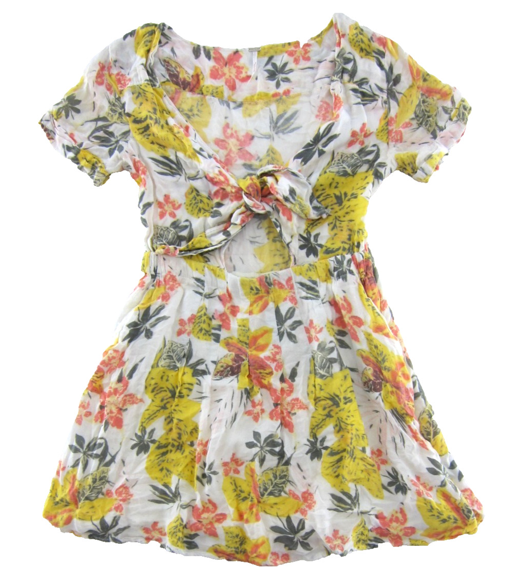 Free People Rayon Yellow White Pink Floral Tie Front Pocket Smock Sun Dress 4