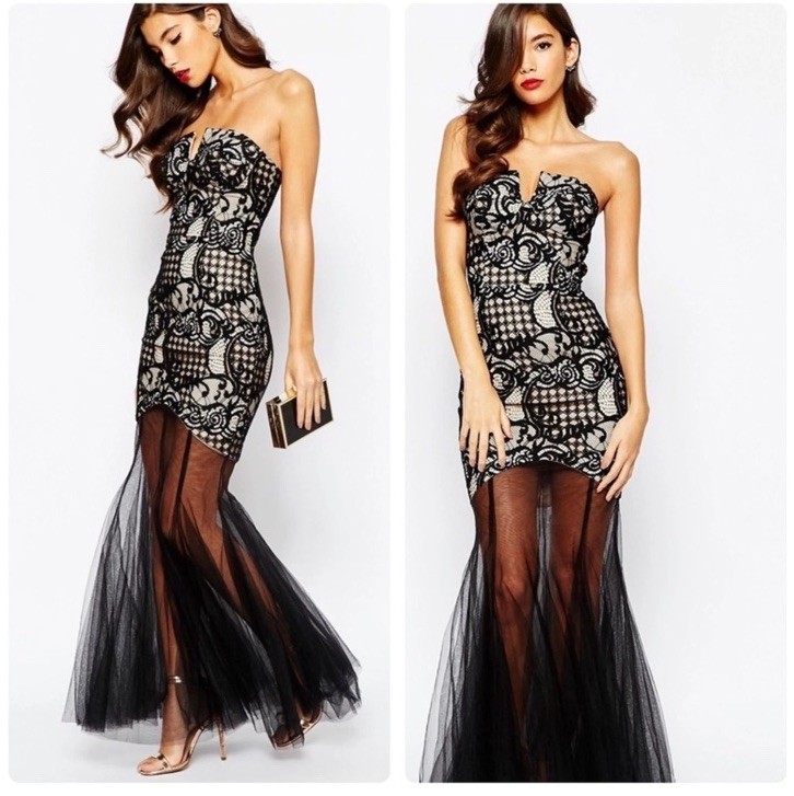 NEW Jarlo Elsa Bandeau Lace Maxi Dress with Mesh Fishtail Size 14