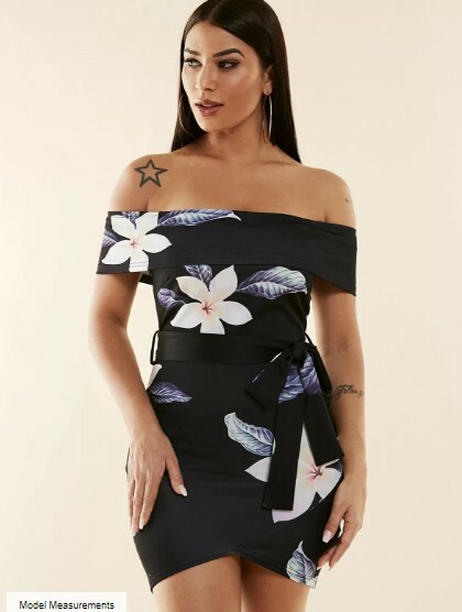 YOINS Black Random Floral Print Off The Shoulder Overlay Bodycon Dress Small 
