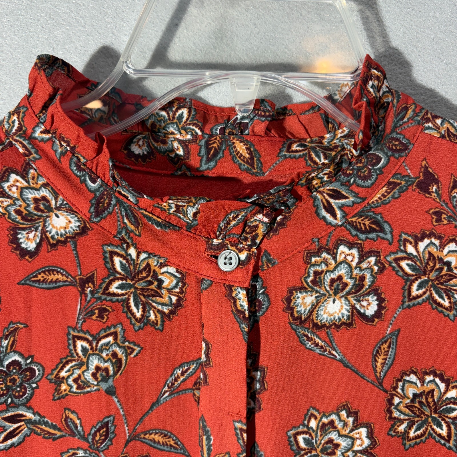 LOFT Womens 14P Rust Floral Ruffle Neck Long Sleeve Button Front Dress Petite EX