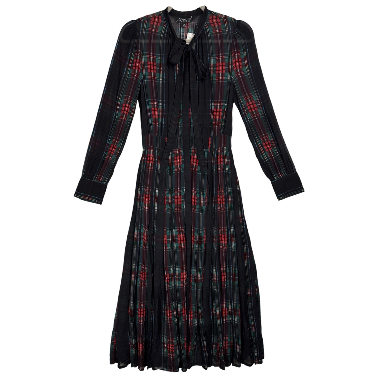 NWT J.CREW Tartan Plaid Pleated Midi Shirt Dress XS Long Chiffon Victorian Sheer
