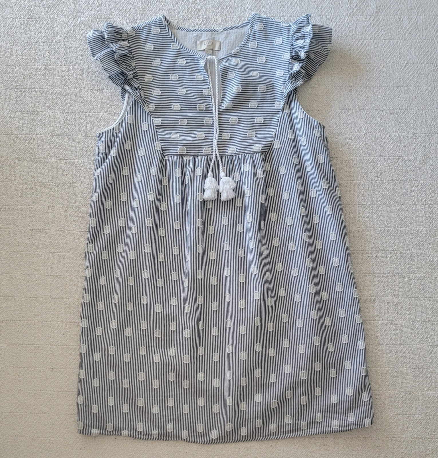 Cottagecore 100% Cotton Blue/White Striped Shift Dress V-Neck Ruffle Tassel LP