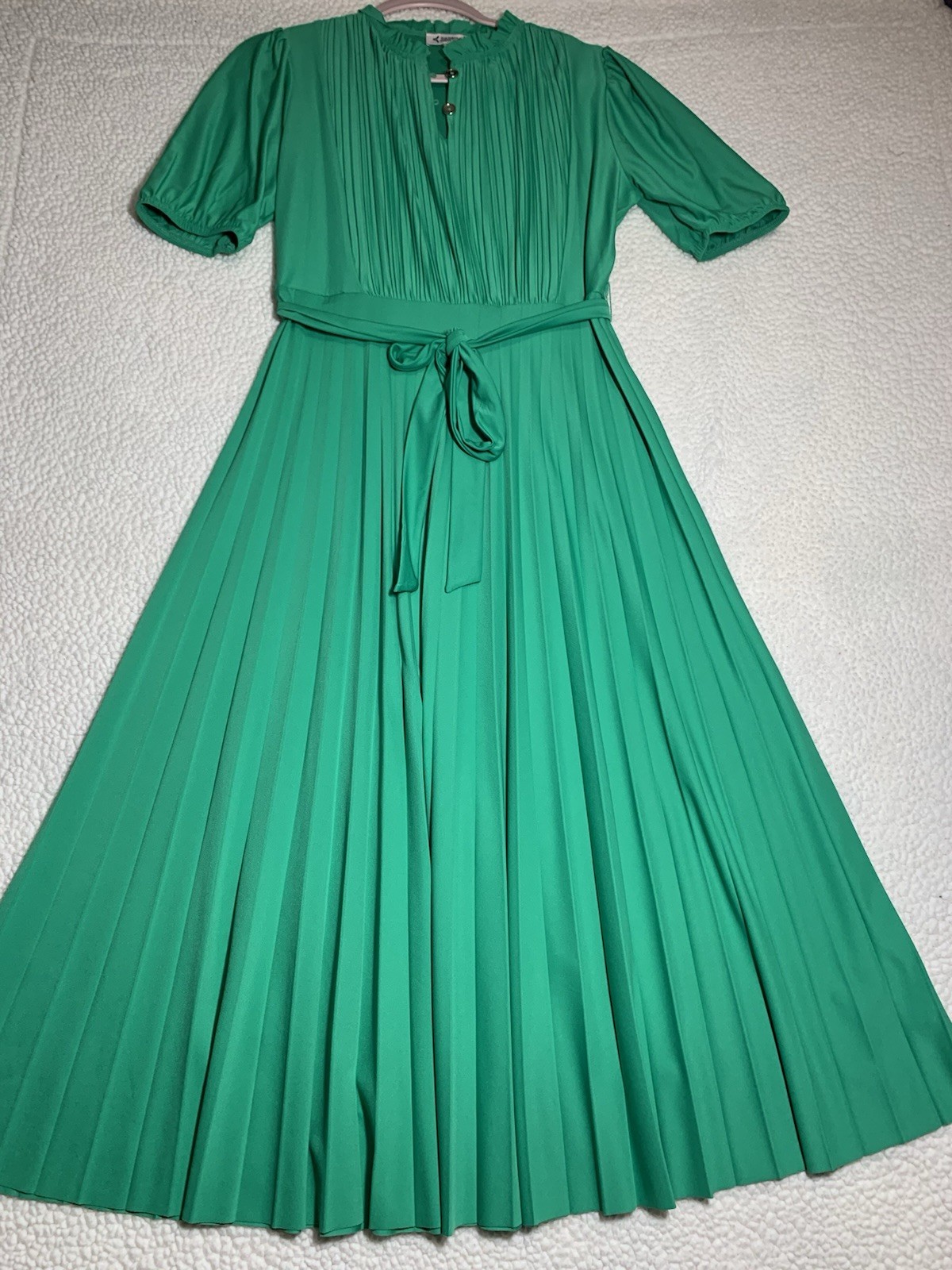 Nanette Lepore Green Pleated Puff Sleeve A-Line Midi Dress 4 romantic feminine