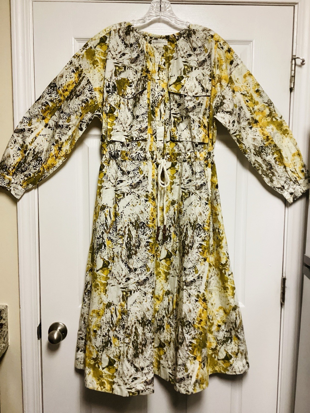 NWT $180 Banana Republic Yellow Camo Splatter Pocket Midi Shirt Dress Sz Small