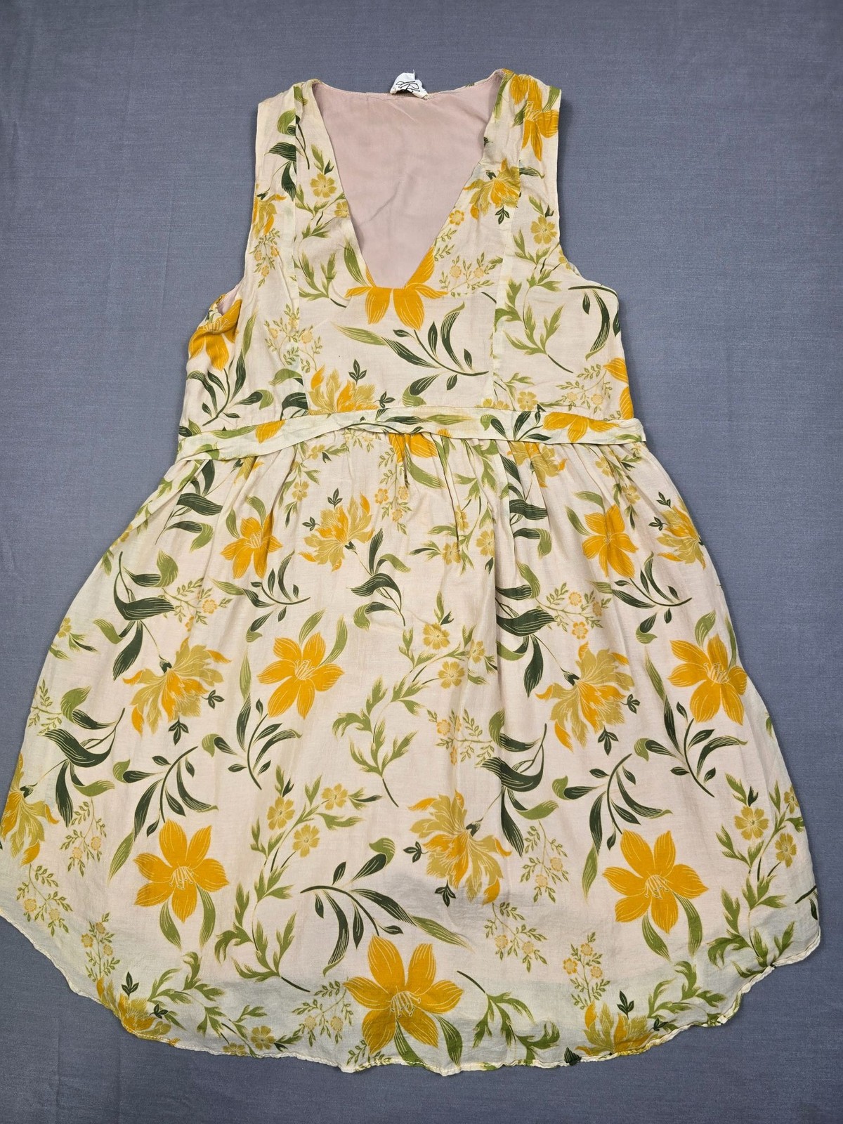 DRA Los Angeles Small Floral Sleeveless Dress Yellow Green Beige Cotton