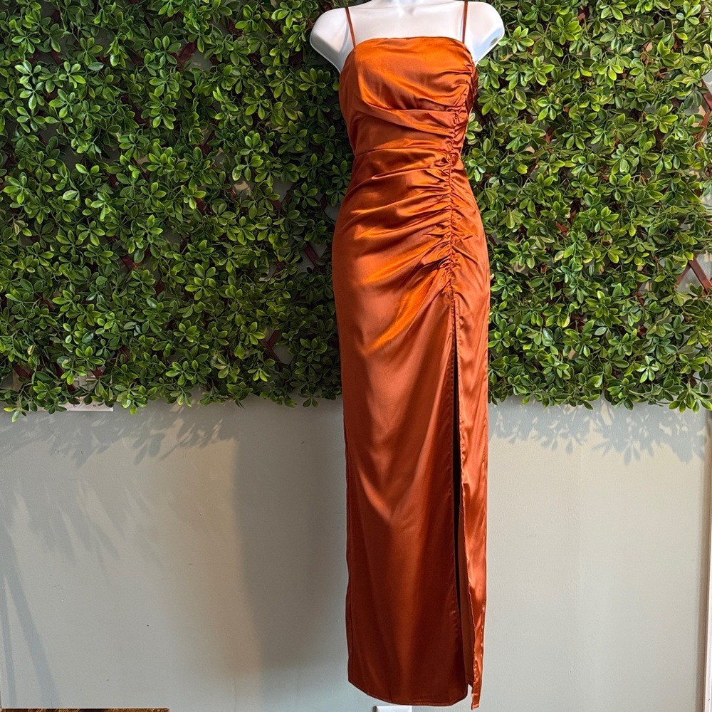 Luxurious Marvel Rust Orange Satin Ruched Column Dress