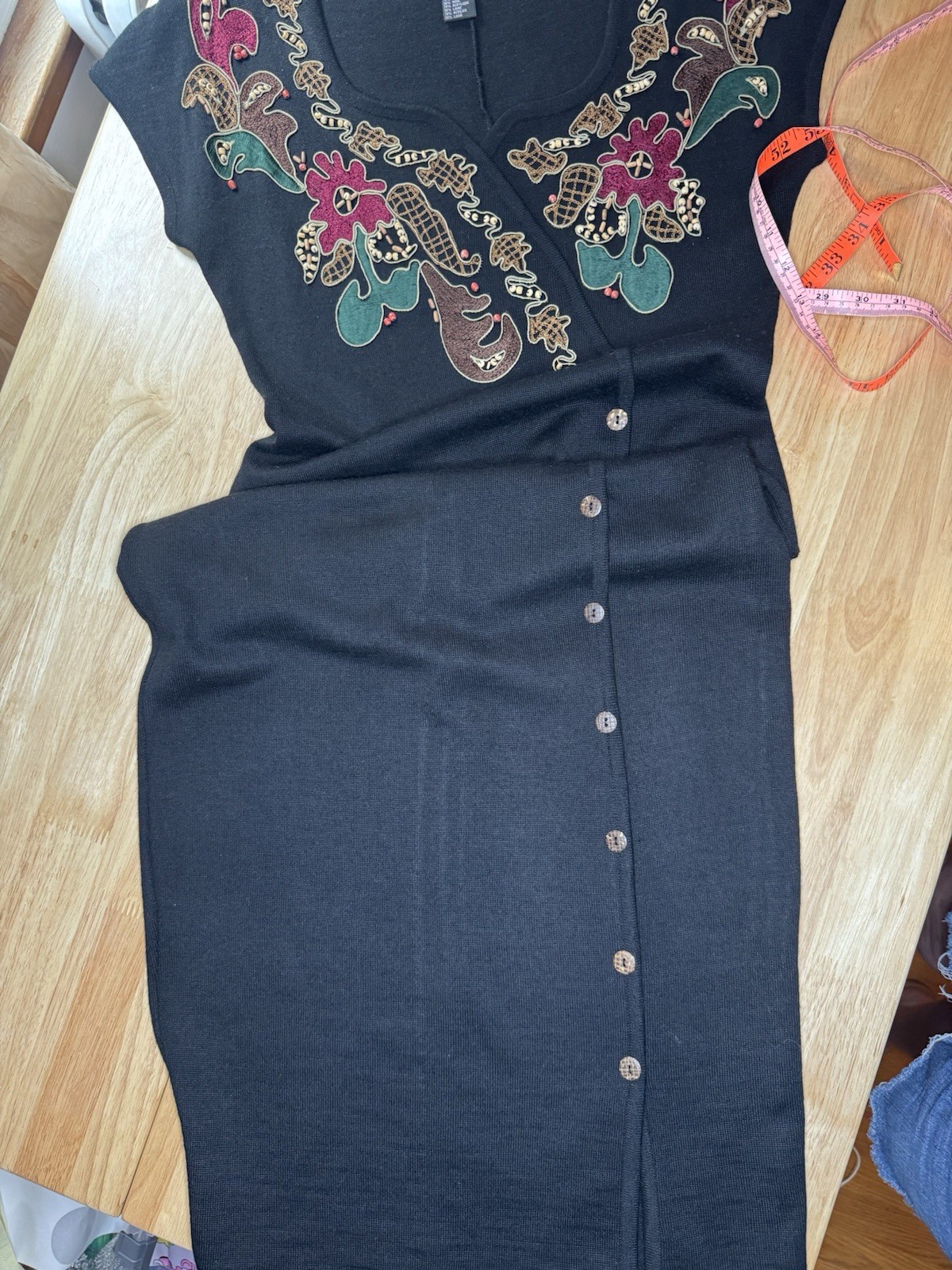 Carole Little Black Sheath Midi Dress Button Front V-Neck Cap Sleeve M