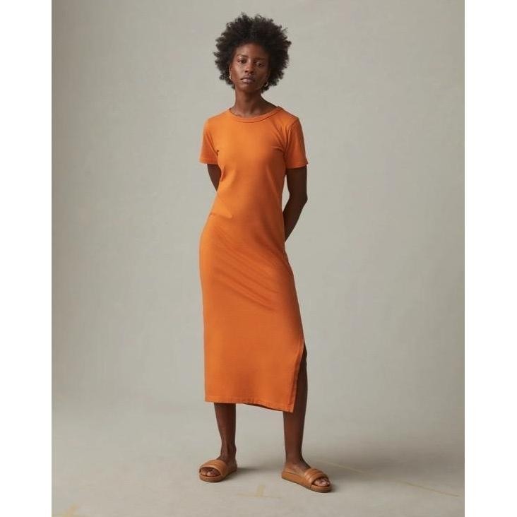 American Giant Midi Shirt Dress Short Sleeve Small Orange Tee Minimalist Soft