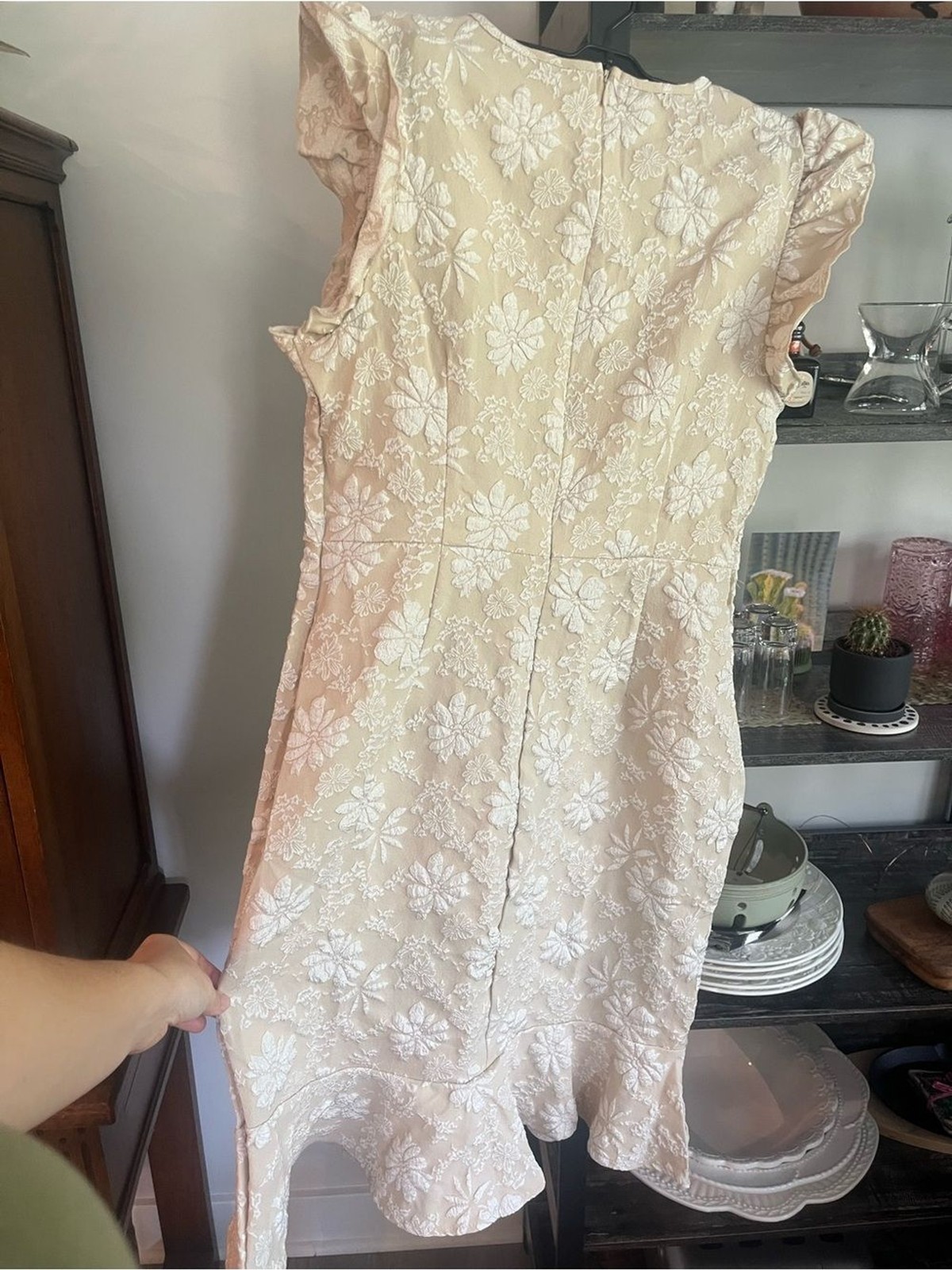 Stretchy Textured Fitted Square Neck Elegant Cream Floral Lace Mini Midi Dress L
