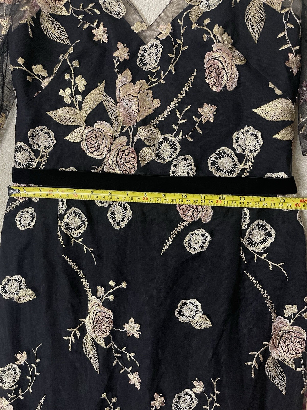 Marchesa Notte Floral Embroidered Gown Black Gold Pink Sheer Cape Sleeve Size 10